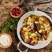 Süßkartoffel-Kumpir mit Kürbis-Zucchini-Gemüse